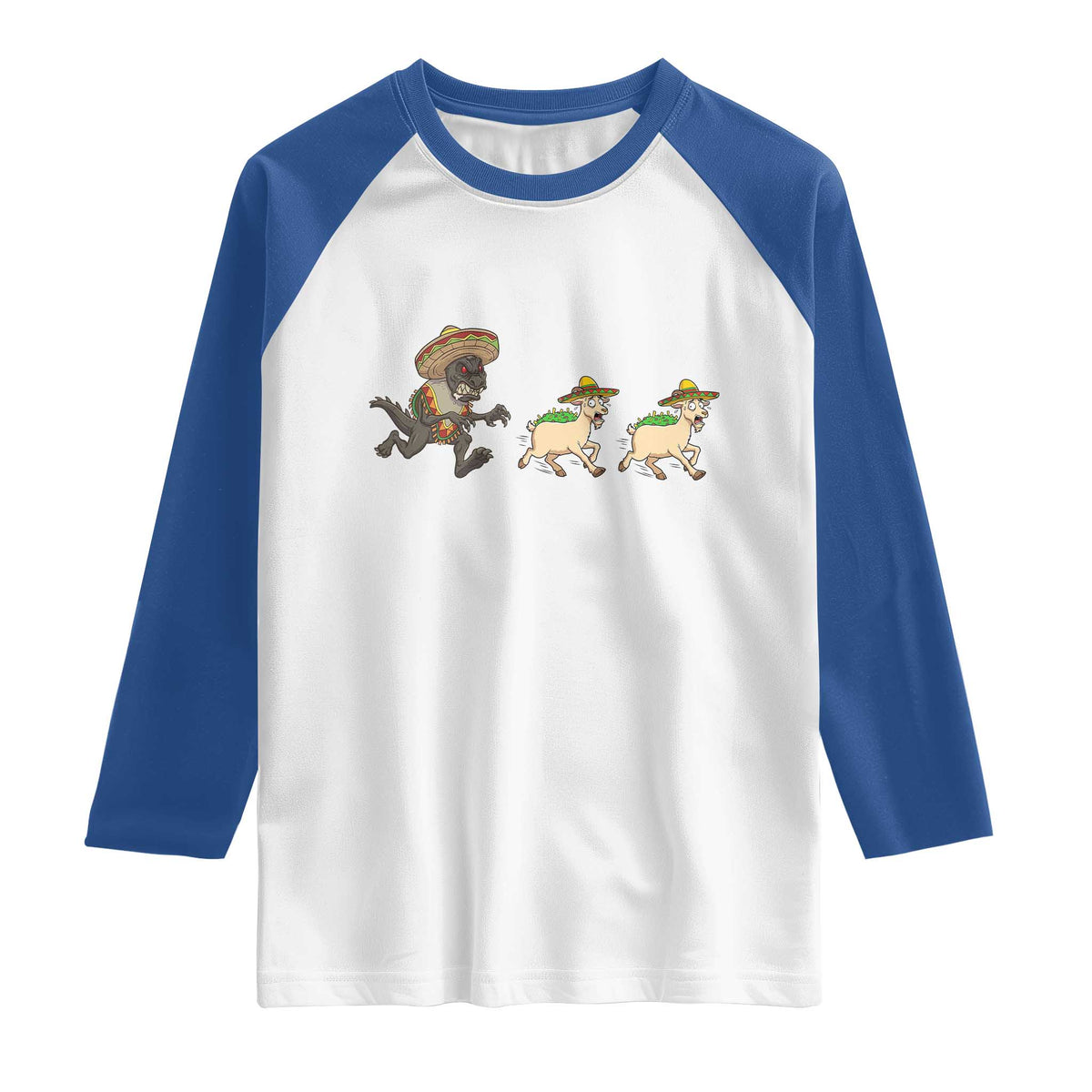 Funny Mexican Fiesta Gift Raglan Shirt Chupacabra Chasing Taco Goat TS12 White Royal Print Your Wear