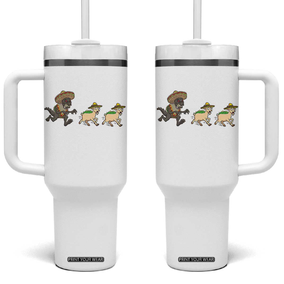 Funny Mexican Fiesta Gift Tumbler With Handle Chupacabra Chasing Taco Goat TS12 One Size: 40 oz White Print Your Wear