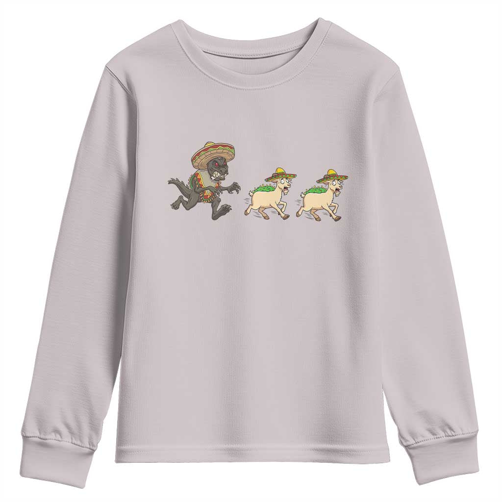 Funny Mexican Fiesta Gift Youth Sweatshirt Chupacabra Chasing Taco Goat TS12 Ice Gray Print Your Wear