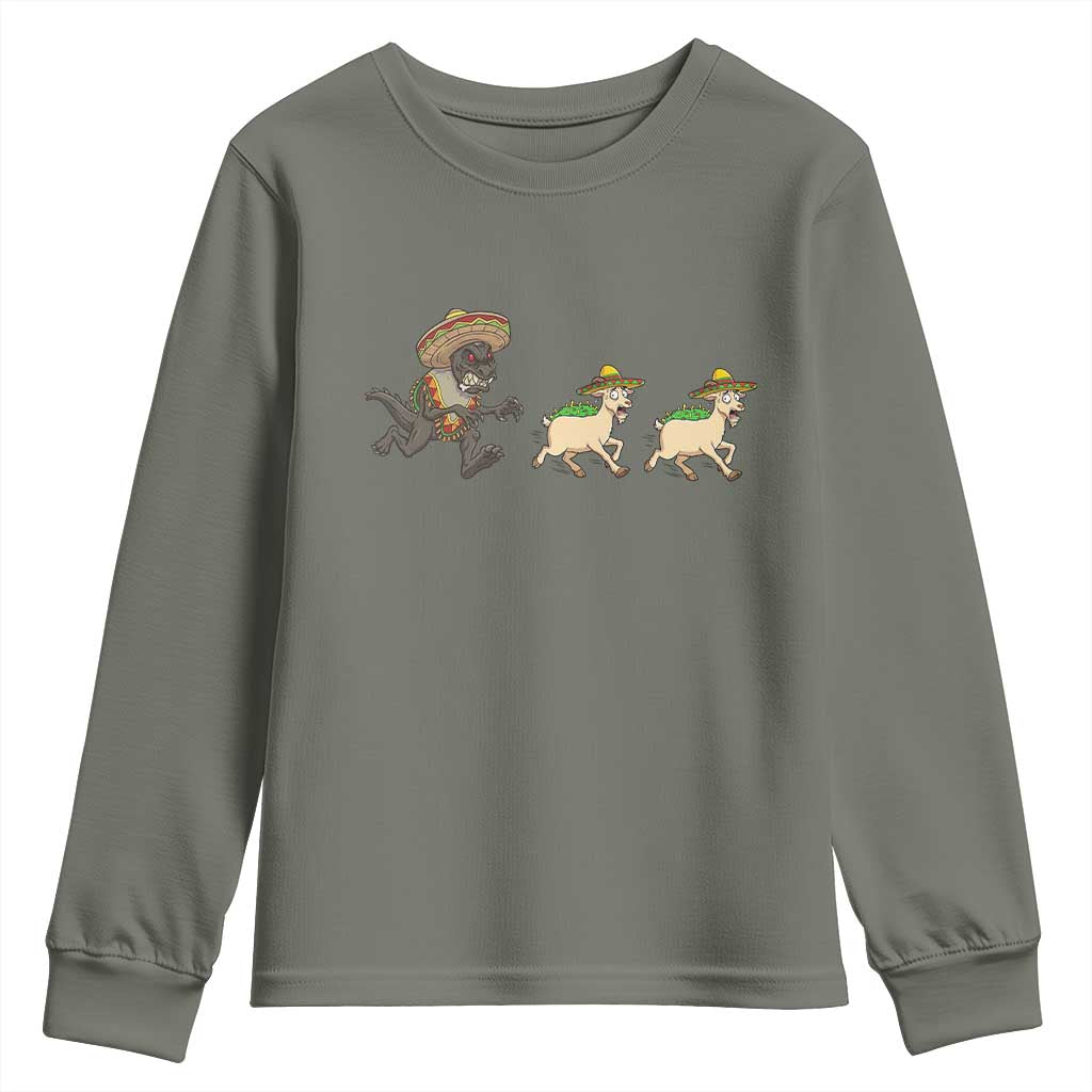 Funny Mexican Fiesta Gift Youth Sweatshirt Chupacabra Chasing Taco Goat TS12 Military Green Print Your Wear