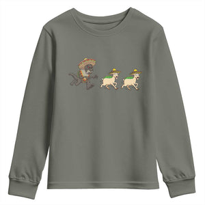 Funny Mexican Fiesta Gift Youth Sweatshirt Chupacabra Chasing Taco Goat TS12 Military Green Print Your Wear