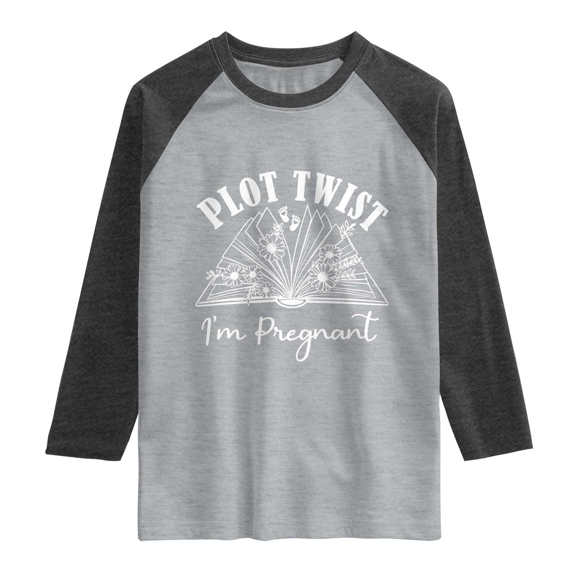 Pregnancy Announcement For Book Lovers Raglan Shirt Plot Twist I Am Pregnant TS12 Heather Gray Heather Charcoal Print Your Wear