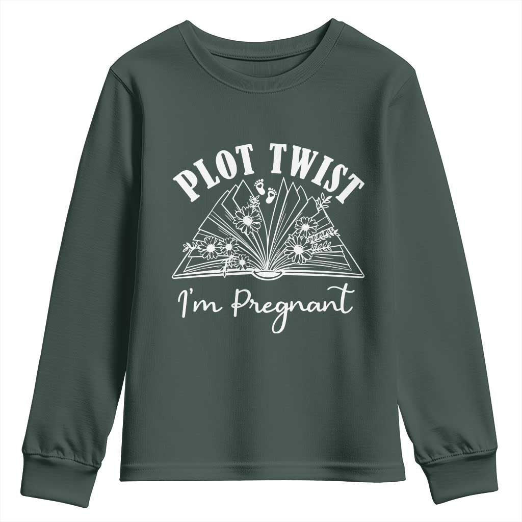 Pregnancy Announcement For Book Lovers Youth Sweatshirt Plot Twist I Am Pregnant TS12 Dark Forest Green Print Your Wear