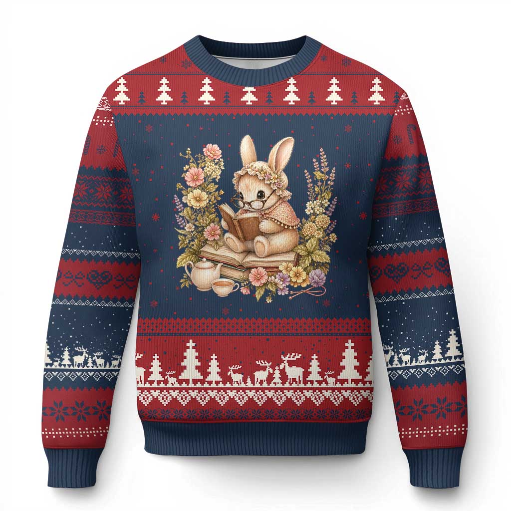 Cottagecore Rabbit Reading Book Ugly Christmas Sweater Aesthetic Grandmacore Gift TS12 Navy Red Print Your Wear