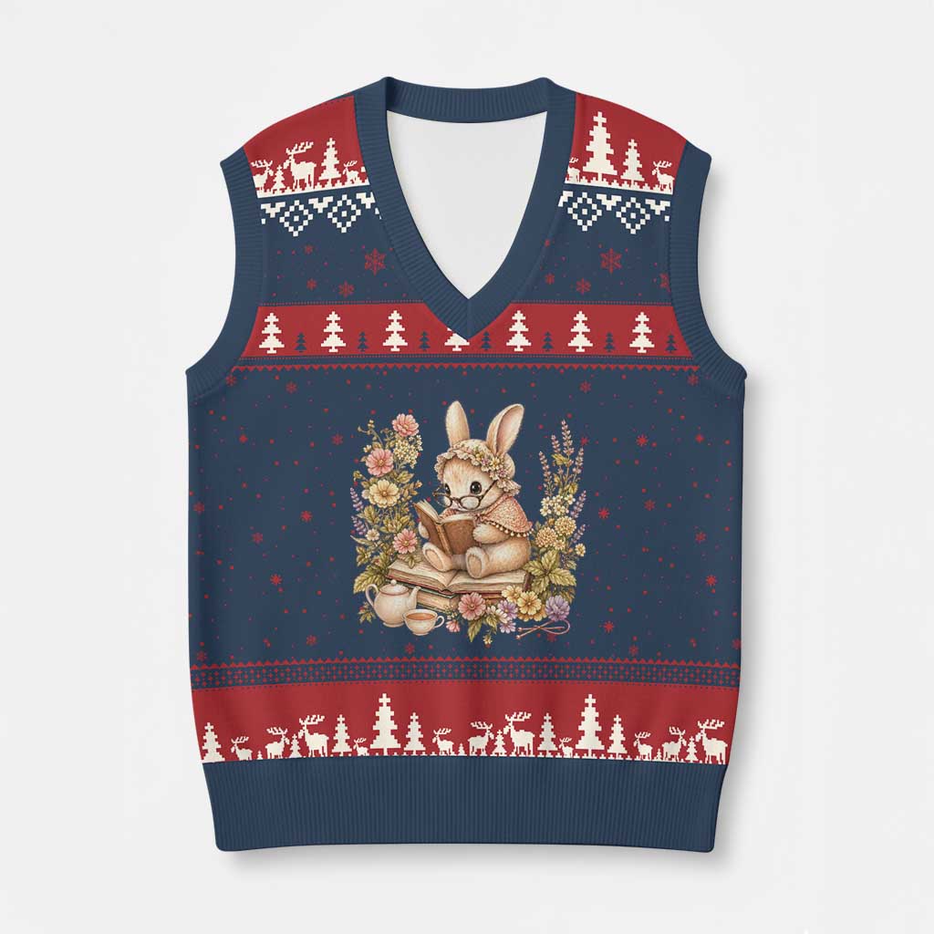 Cottagecore Rabbit Reading Book V-Neck Knit Sweater Vest Aesthetic Grandmacore Gift TS12 Navy Red Print Your Wear