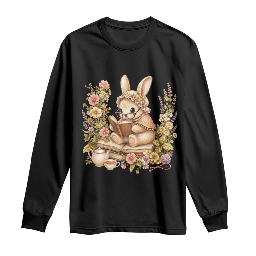 Cottagecore Rabbit Reading Book Long Sleeve Shirt Aesthetic Grandmacore Gift TS12 Black Print Your Wear