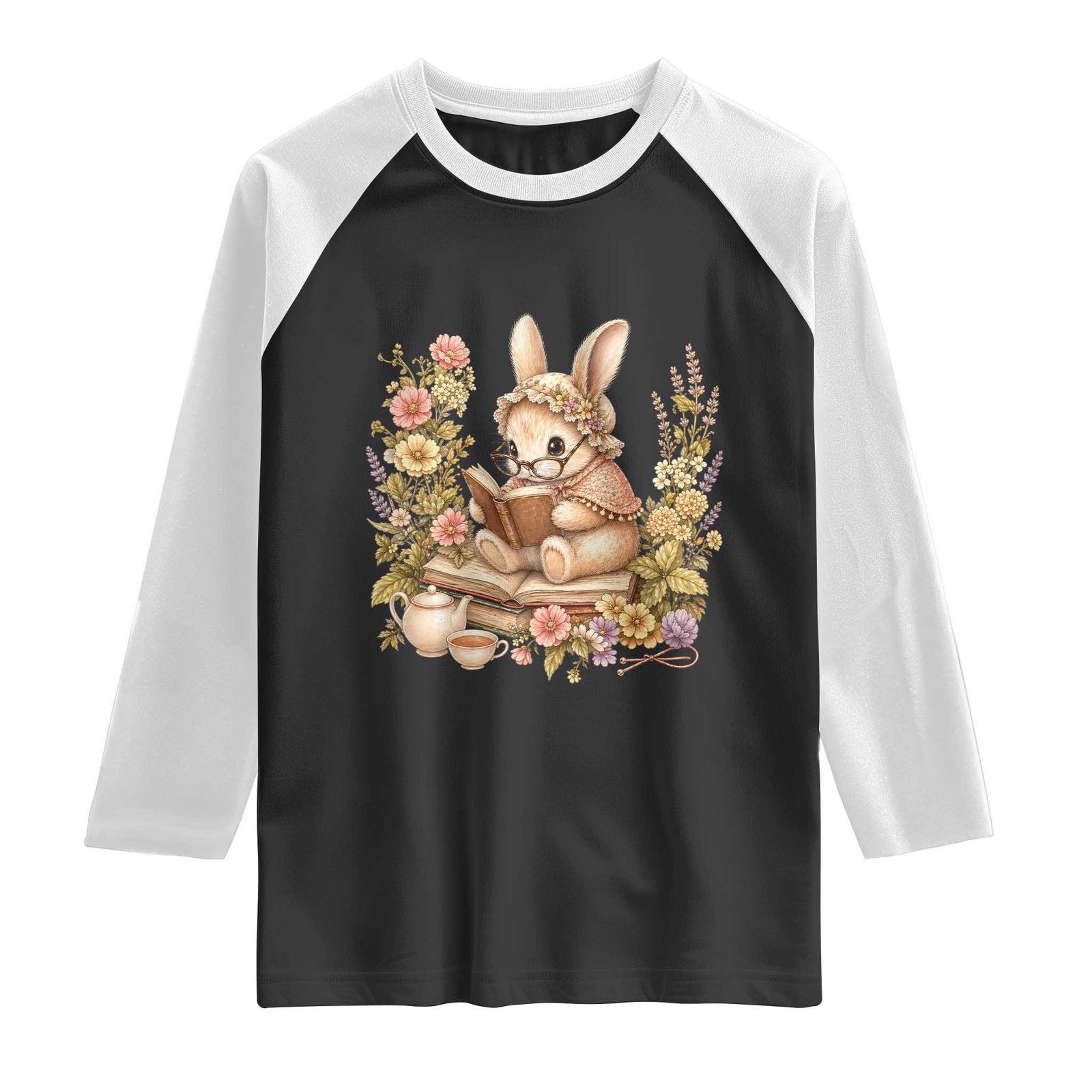 Cottagecore Rabbit Reading Book Raglan Shirt Aesthetic Grandmacore Gift TS12 Black White Print Your Wear
