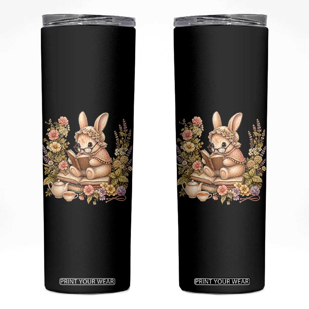 Cottagecore Rabbit Reading Book Skinny Tumbler Aesthetic Grandmacore Gift TS12 Black Print Your Wear