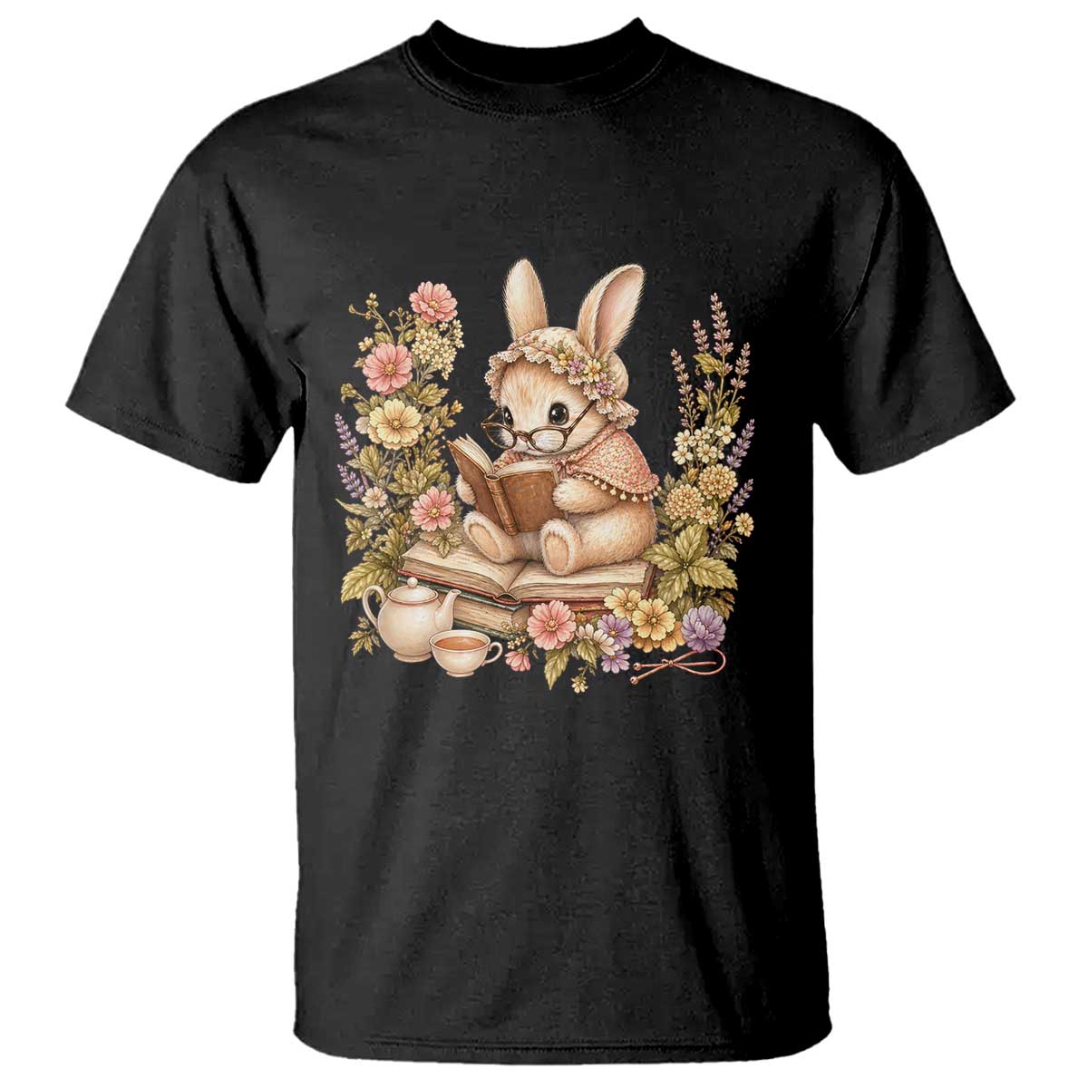 Cottagecore Rabbit Reading Book T Shirt Aesthetic Grandmacore Gift TS12 Black Print Your Wear