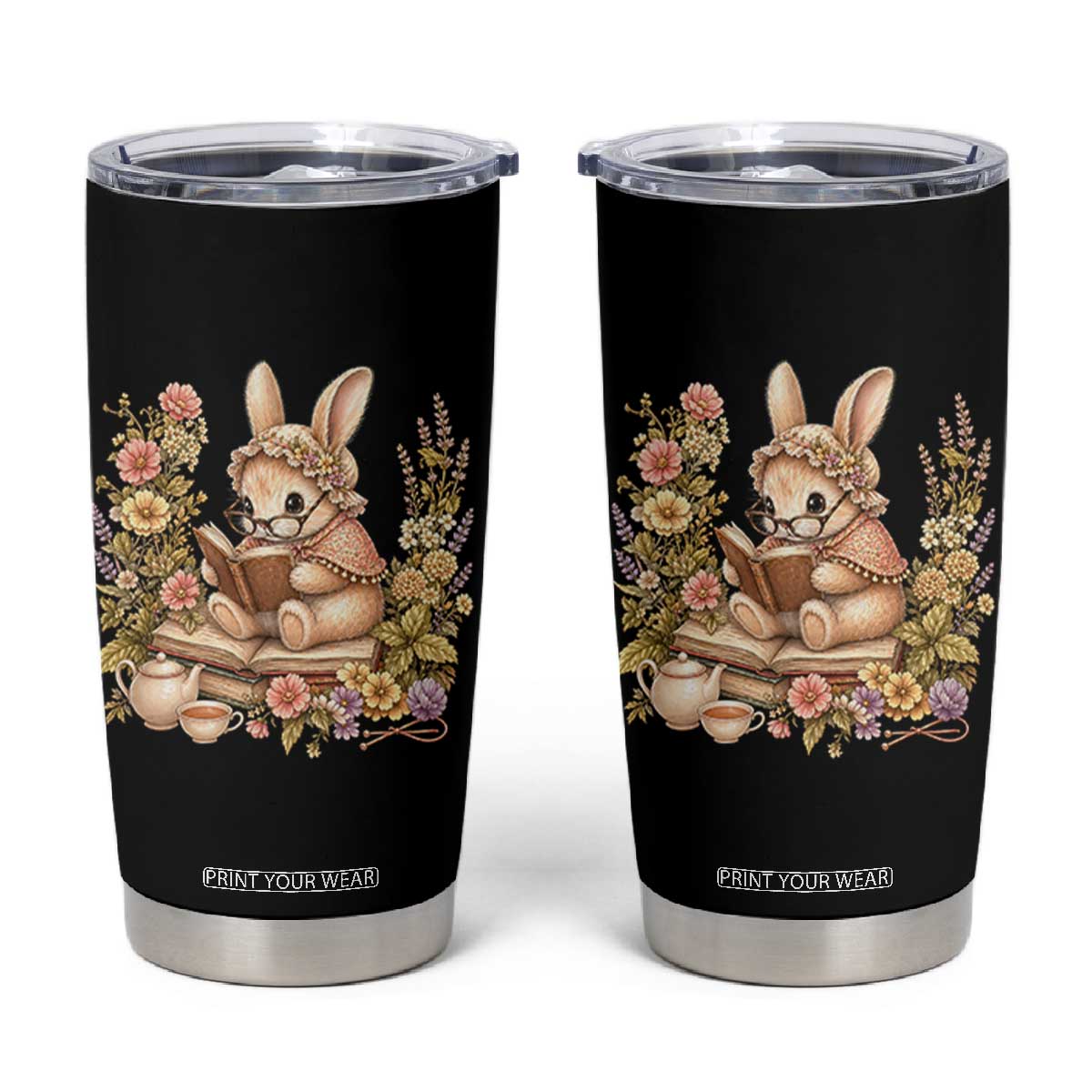Cottagecore Rabbit Reading Book Tumbler Cup Aesthetic Grandmacore Gift TS12 Black Print Your Wear