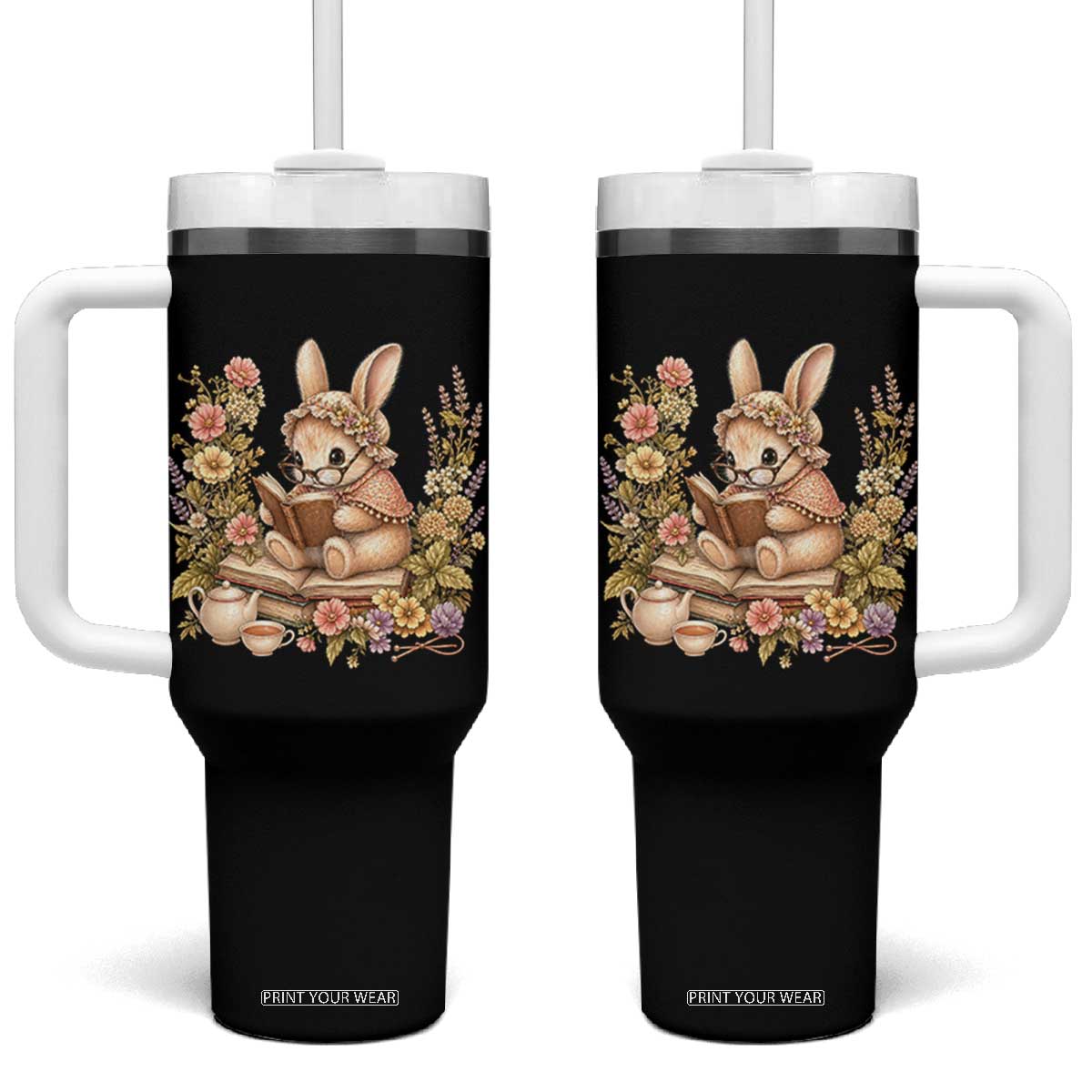 Cottagecore Rabbit Reading Book Tumbler With Handle Aesthetic Grandmacore Gift TS12 One Size: 40 oz Black Print Your Wear