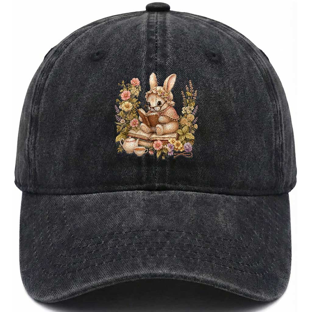 Cottagecore Rabbit Reading Book Washed Cotton Baseball Cap Aesthetic Grandmacore Gift TS12 Print Your Wear