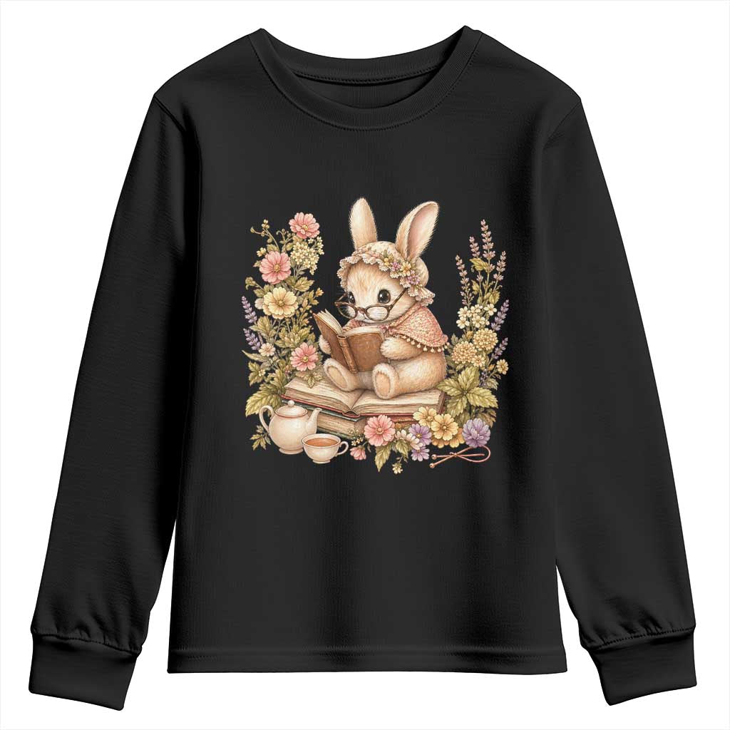 Cottagecore Rabbit Reading Book Youth Sweatshirt Aesthetic Grandmacore Gift TS12 Black Print Your Wear