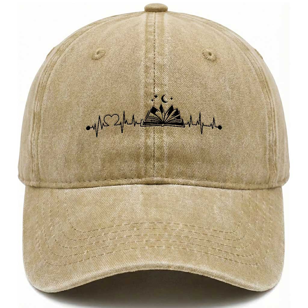 Bookaholic Heartbeat Graphic Washed Cotton Baseball Cap Vintage Reader Lifeline Gift TS12 Print Your Wear