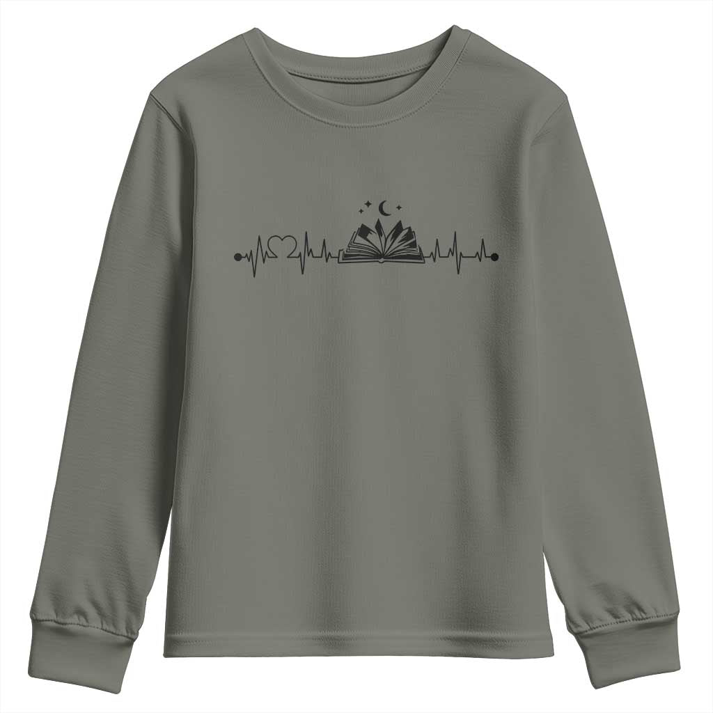 Bookaholic Heartbeat Graphic Youth Sweatshirt Vintage Reader Lifeline Gift TS12 Military Green Print Your Wear