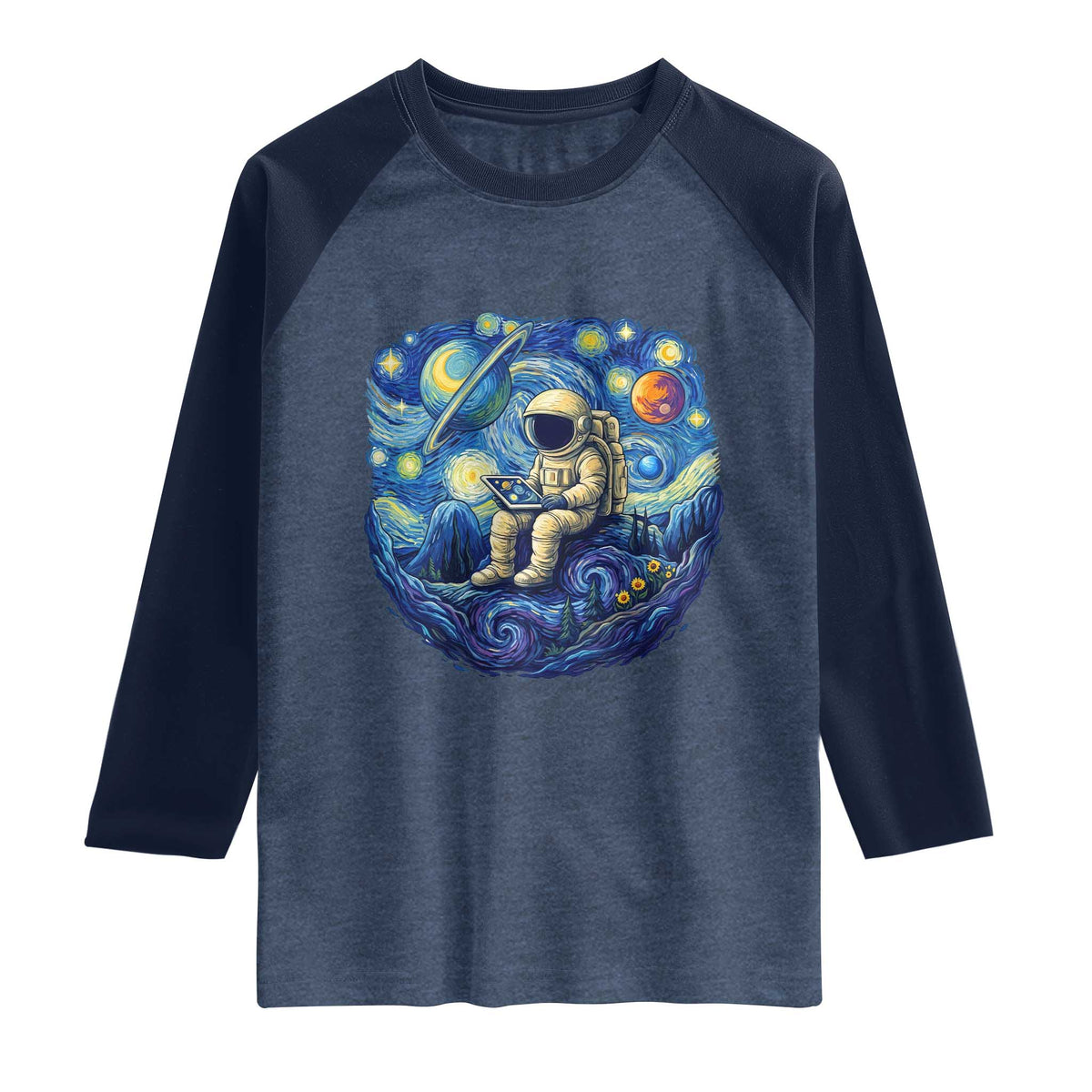 Starry Night Space Bookworm Raglan Shirt Funny Astronaut Reader Gift TS12 Heather Denim Navy Print Your Wear
