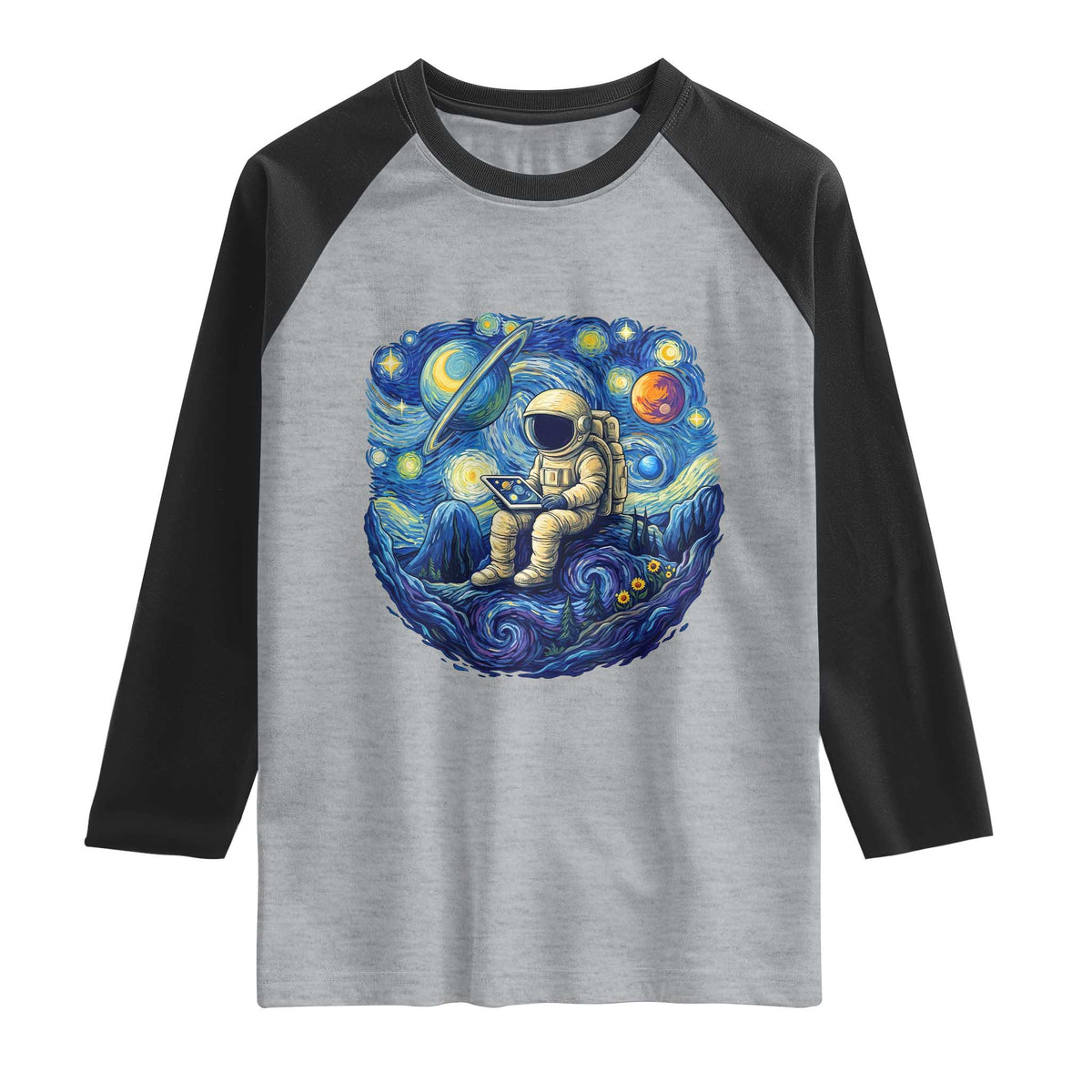 Starry Night Space Bookworm Raglan Shirt Funny Astronaut Reader Gift TS12 Heather Gray Black Print Your Wear