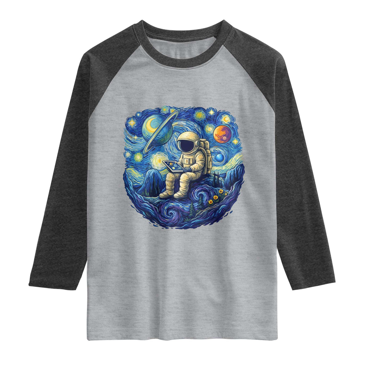 Starry Night Space Bookworm Raglan Shirt Funny Astronaut Reader Gift TS12 Heather Gray Heather Charcoal Print Your Wear