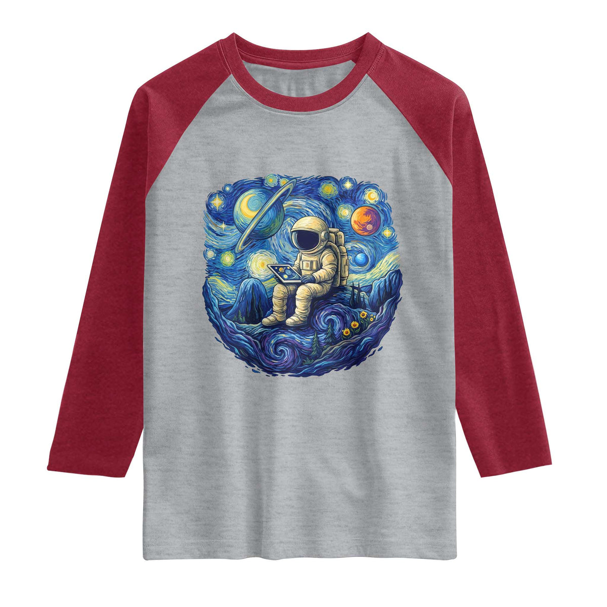 Starry Night Space Bookworm Raglan Shirt Funny Astronaut Reader Gift TS12 Heather Gray Heather Red Print Your Wear