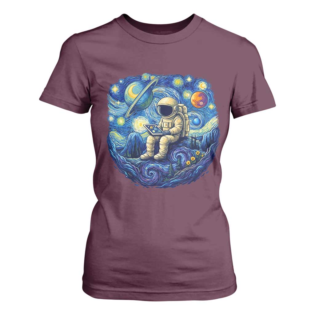 Starry Night Space Bookworm T Shirt For Women Funny Astronaut Reader Gift TS12 Maroon Print Your Wear