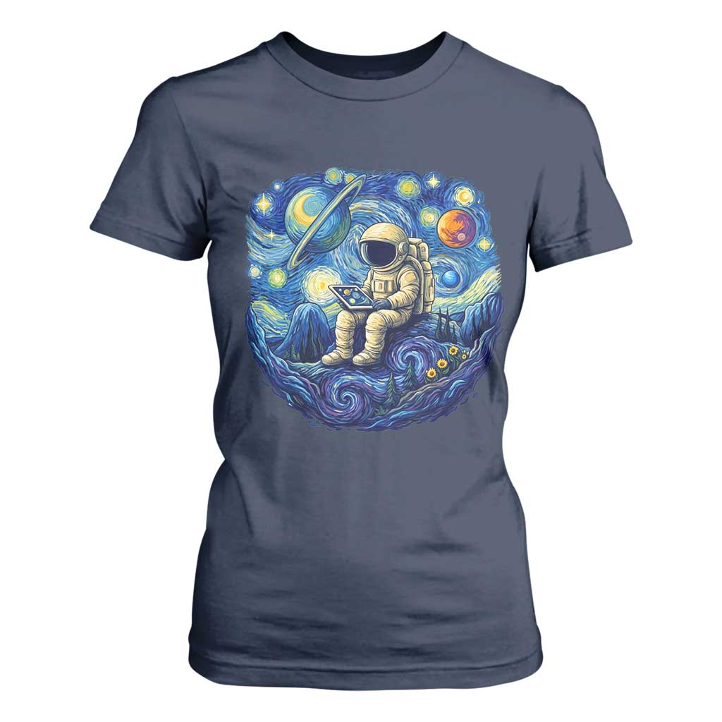 Starry Night Space Bookworm T Shirt For Women Funny Astronaut Reader Gift TS12 Navy Print Your Wear