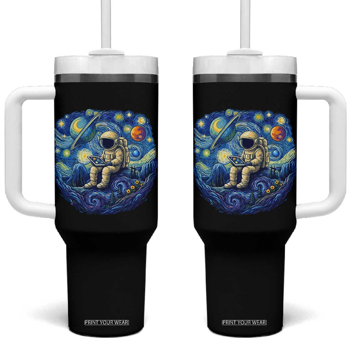Starry Night Space Bookworm Tumbler With Handle Funny Astronaut Reader Gift TS12 One Size: 40 oz Black Print Your Wear
