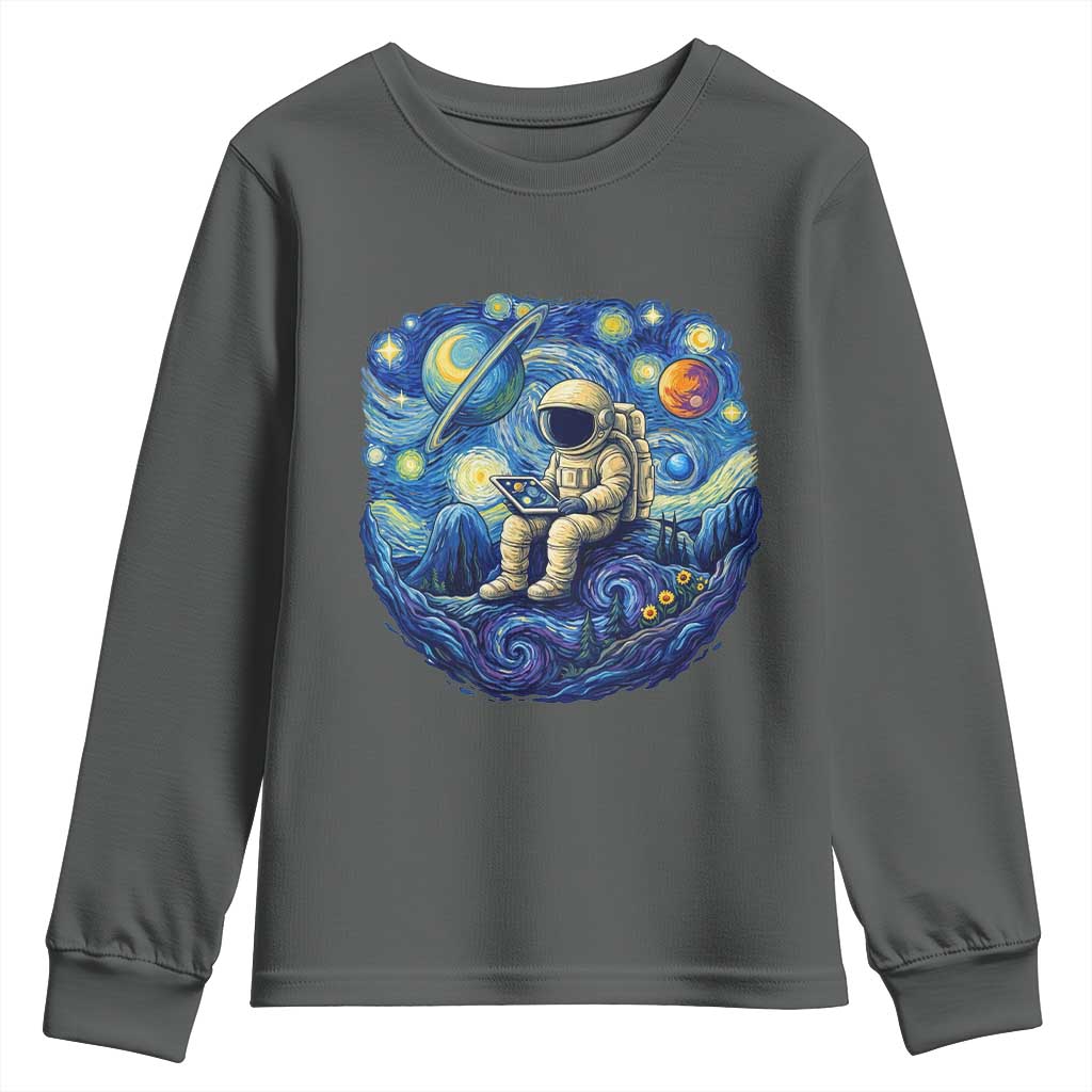 Starry Night Space Bookworm Youth Sweatshirt Funny Astronaut Reader Gift TS12 Dark Heather Print Your Wear