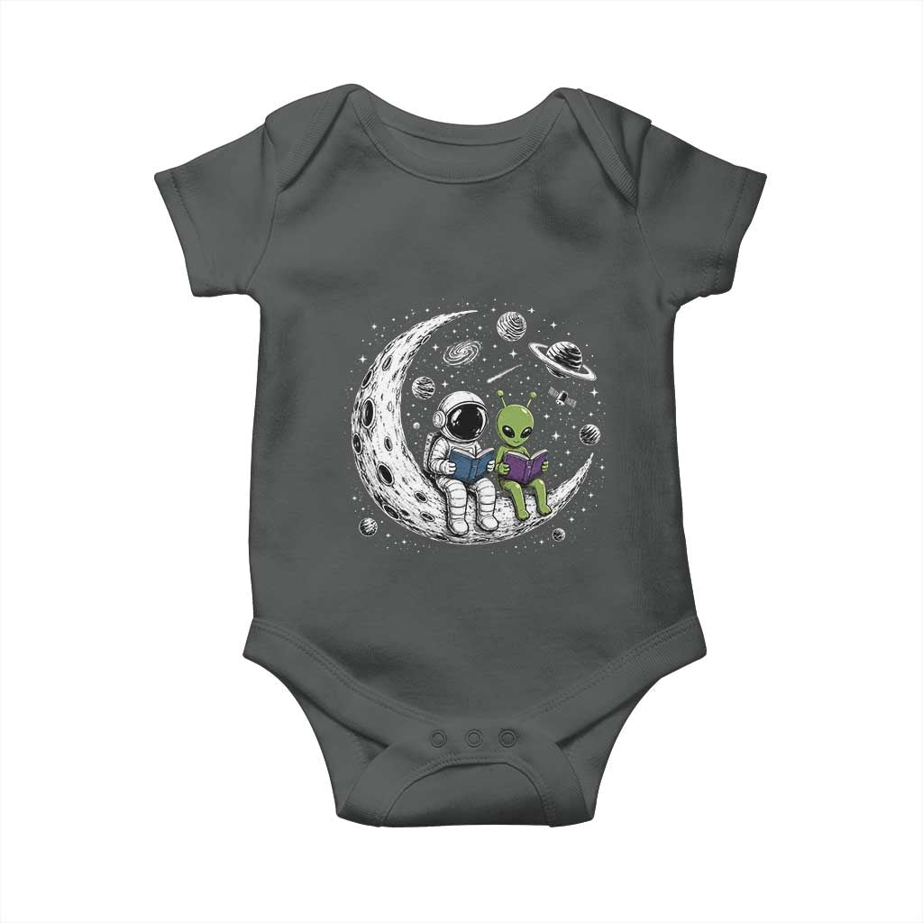 Funny Bookworm In Space Baby Onesie Cute Astronaut And Alien Reading TS12 Dark Heather Print Your Wear