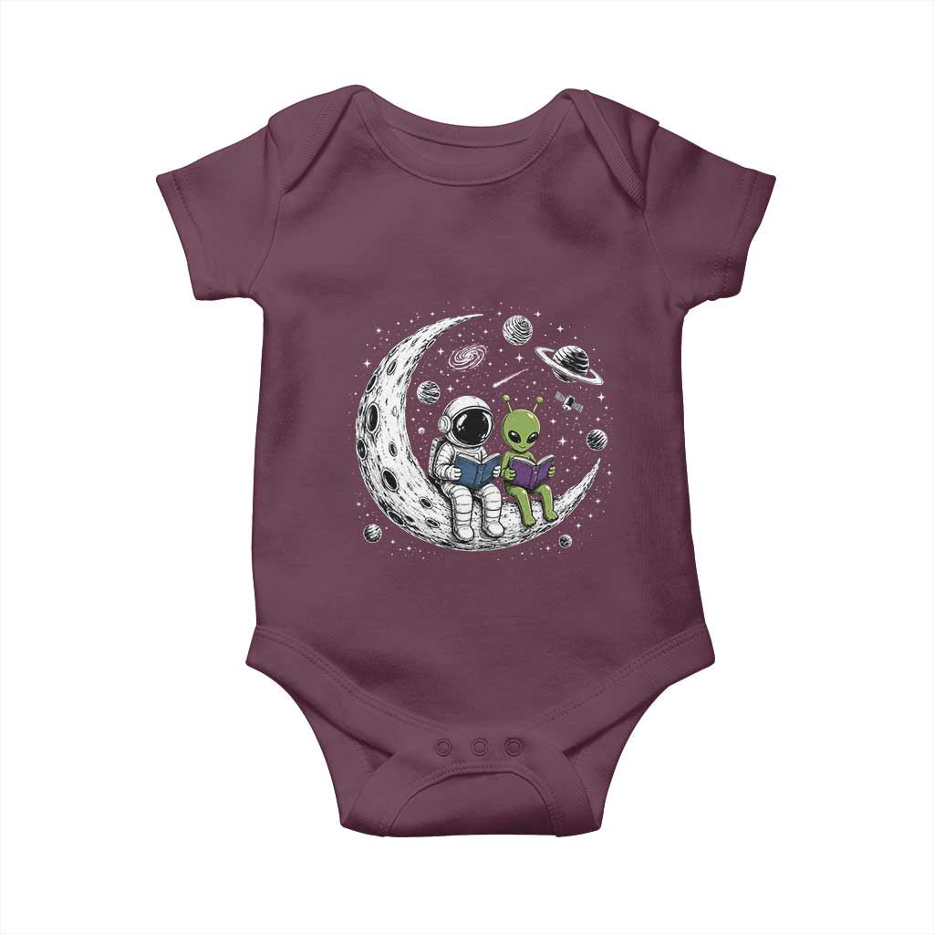 Funny Bookworm In Space Baby Onesie Cute Astronaut And Alien Reading TS12 Maroon Print Your Wear