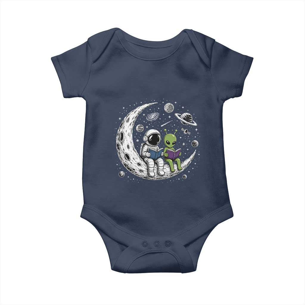 Funny Bookworm In Space Baby Onesie Cute Astronaut And Alien Reading TS12 Navy Print Your Wear