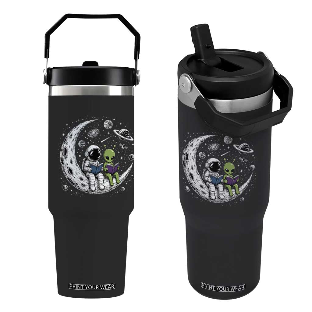 Funny Bookworm In Space Flip Straw Tumbler Cute Astronaut And Alien Reading TS12 One Size: 30 oz Black Print Your Wear