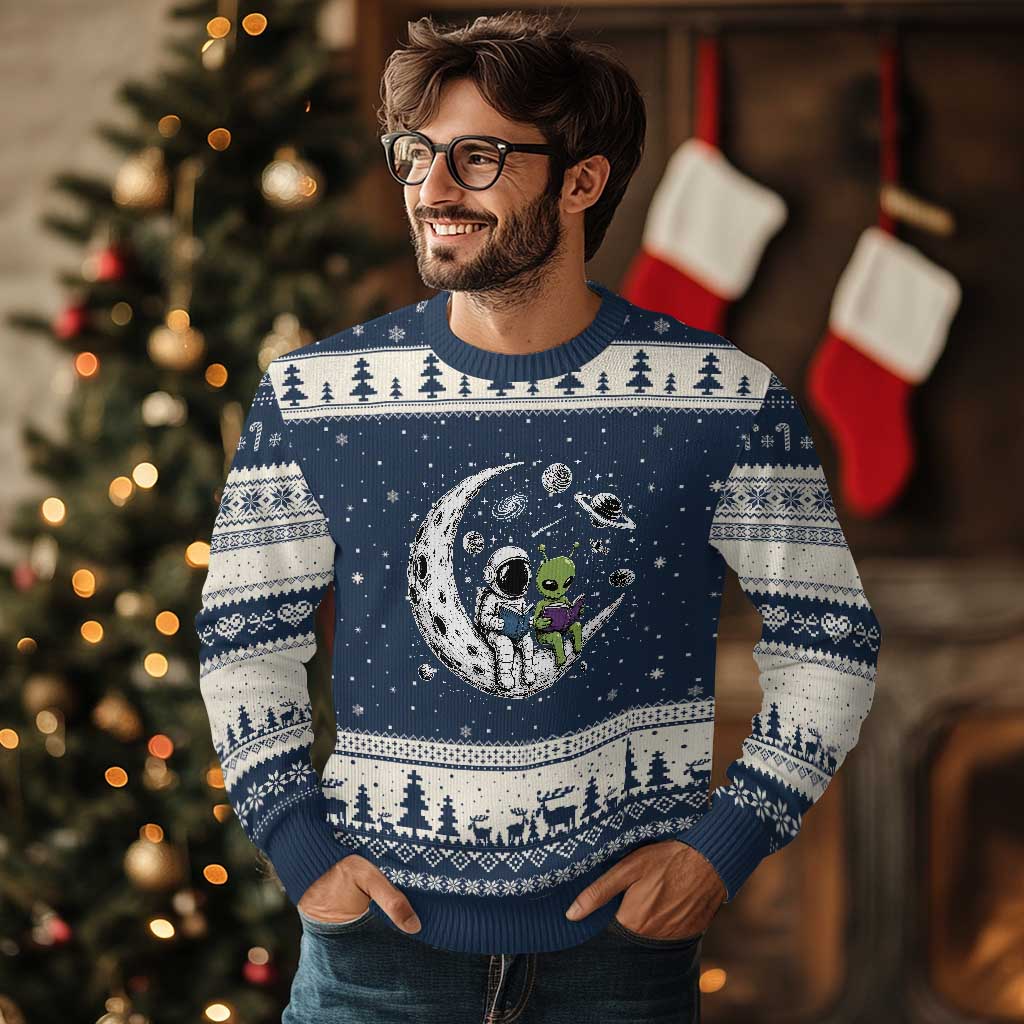Funny Bookworm In Space Ugly Christmas Sweater Cute Astronaut And Alien Reading TS12 Navy Beige Print Your Wear