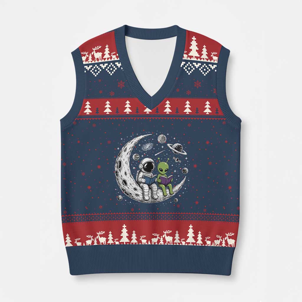 Funny Bookworm In Space V-Neck Knit Sweater Vest Cute Astronaut And Alien Reading TS12 Navy Red Print Your Wear