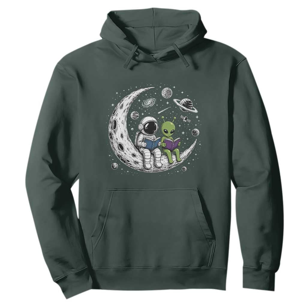 Funny Bookworm In Space Hoodie Cute Astronaut And Alien Reading TS12 Dark Forest Green Print Your Wear
