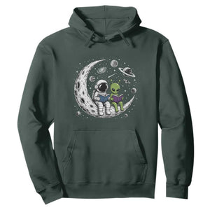 Funny Bookworm In Space Hoodie Cute Astronaut And Alien Reading TS12 Dark Forest Green Print Your Wear
