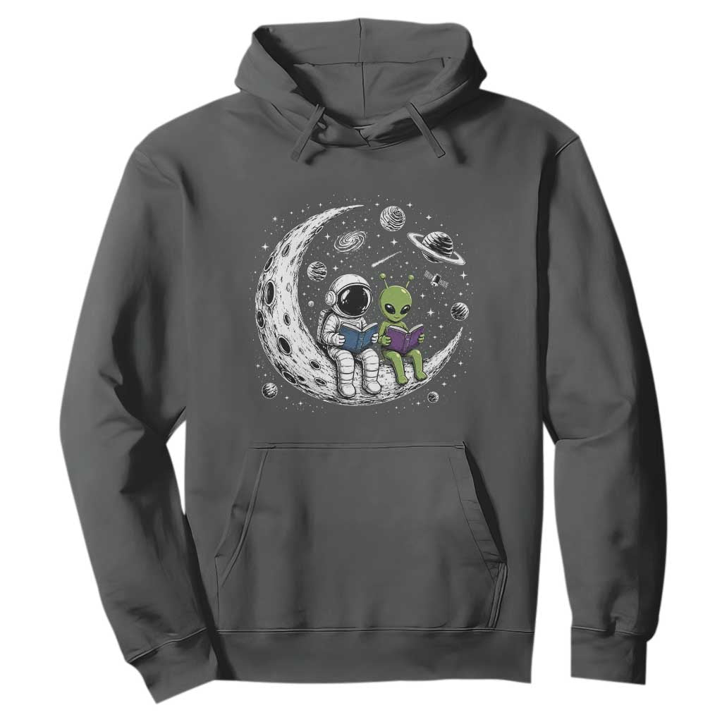 Funny Bookworm In Space Hoodie Cute Astronaut And Alien Reading TS12 Dark Heather Print Your Wear