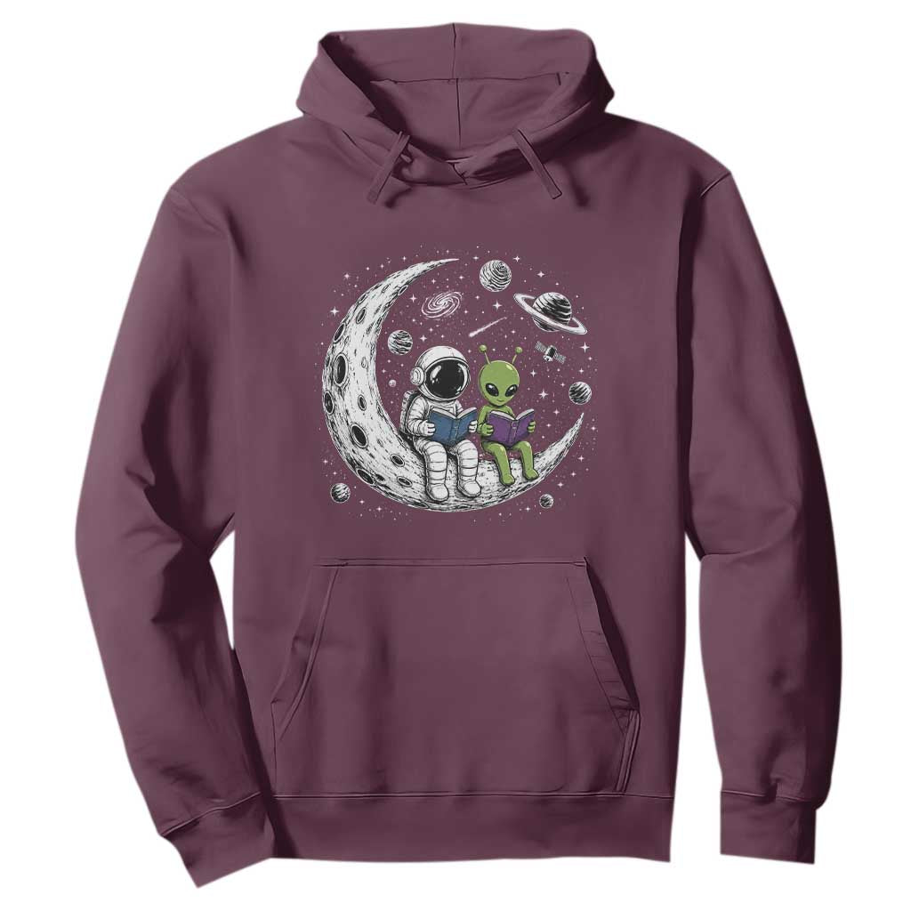 Funny Bookworm In Space Hoodie Cute Astronaut And Alien Reading TS12 Maroon Print Your Wear