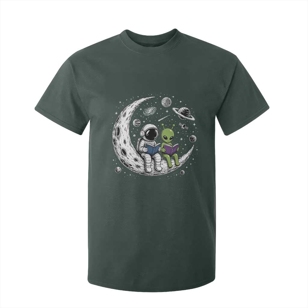 Funny Bookworm In Space T Shirt For Kid Cute Astronaut And Alien Reading TS12 Dark Forest Green Print Your Wear