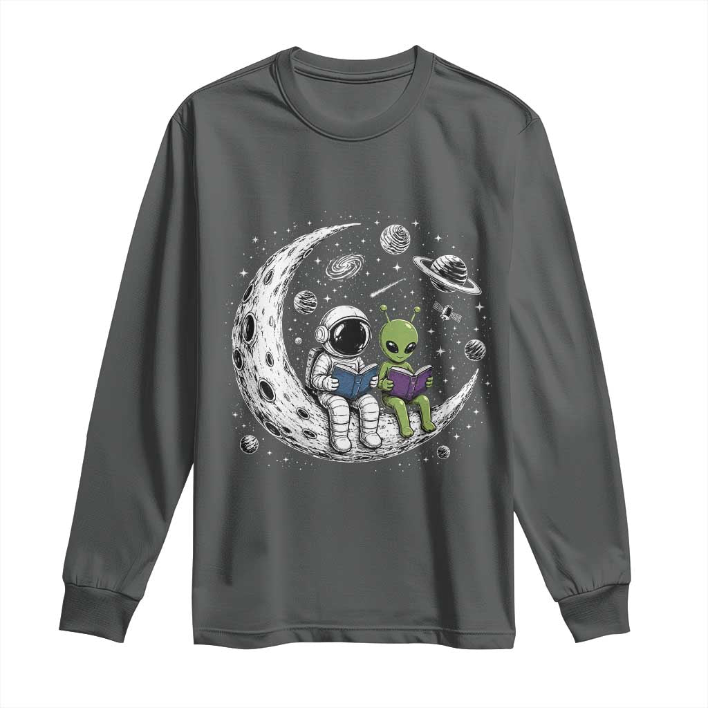 Funny Bookworm In Space Long Sleeve Shirt Cute Astronaut And Alien Reading TS12 Dark Heather Print Your Wear