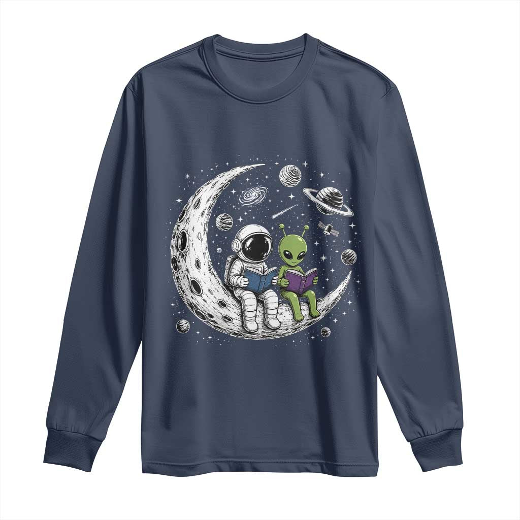 Funny Bookworm In Space Long Sleeve Shirt Cute Astronaut And Alien Reading TS12 Navy Print Your Wear