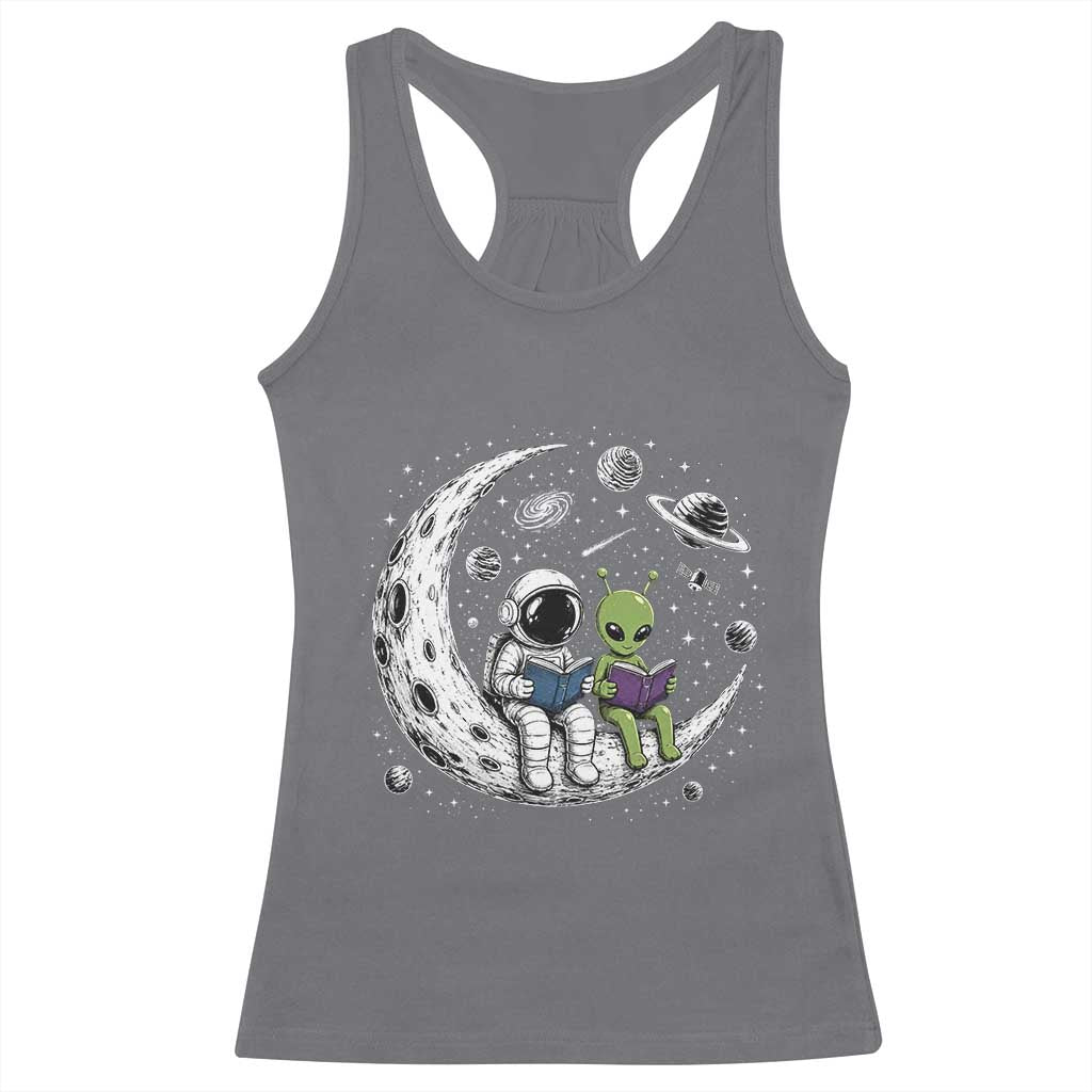 Funny Bookworm In Space Racerback Tank Top Cute Astronaut And Alien Reading TS12 Charcoal Print Your Wear