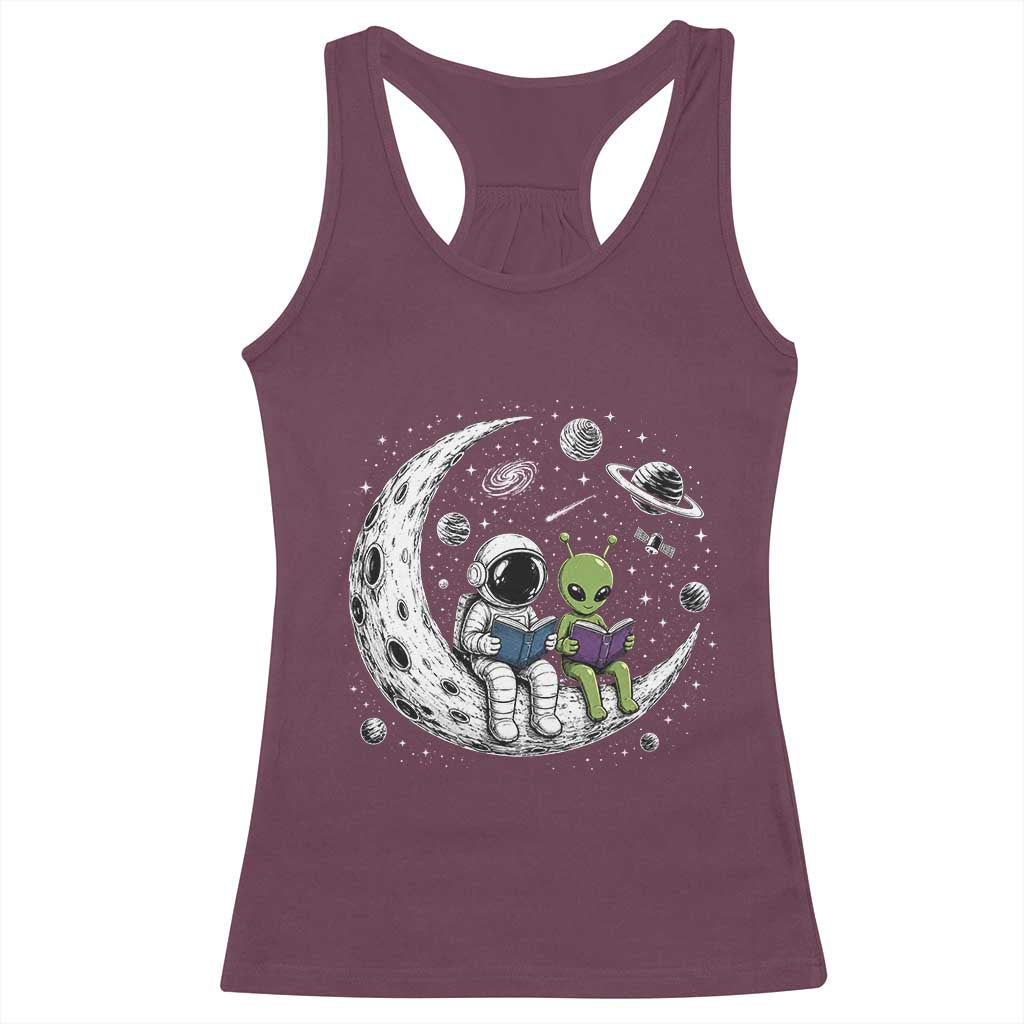 Funny Bookworm In Space Racerback Tank Top Cute Astronaut And Alien Reading TS12 Maroon Print Your Wear