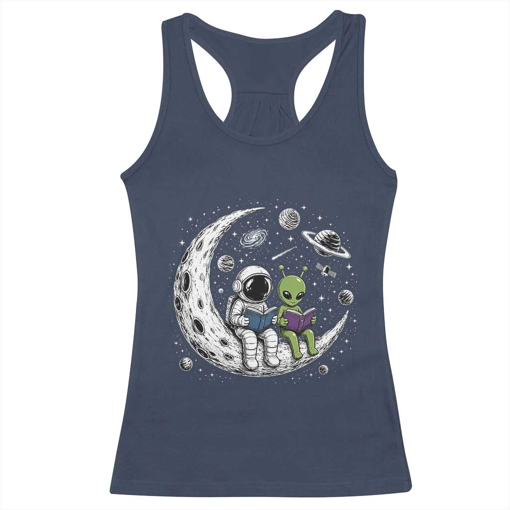 Funny Bookworm In Space Racerback Tank Top Cute Astronaut And Alien Reading TS12 Navy Print Your Wear