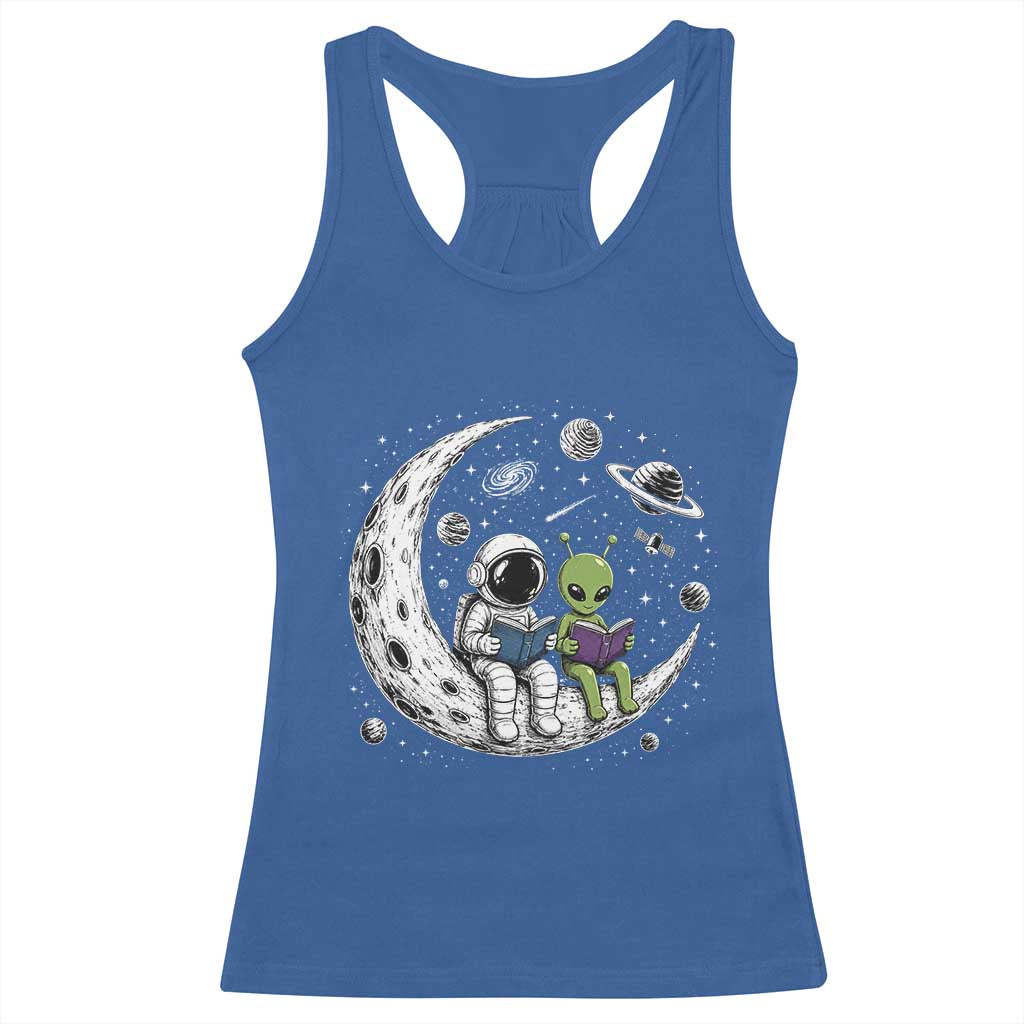 Funny Bookworm In Space Racerback Tank Top Cute Astronaut And Alien Reading TS12 Royal Blue Print Your Wear