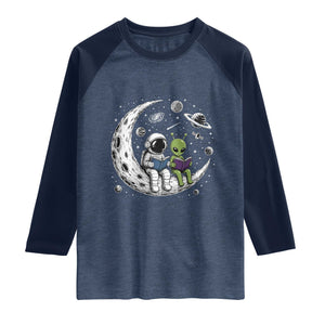 Funny Bookworm In Space Raglan Shirt Cute Astronaut And Alien Reading TS12 Heather Denim Navy Print Your Wear