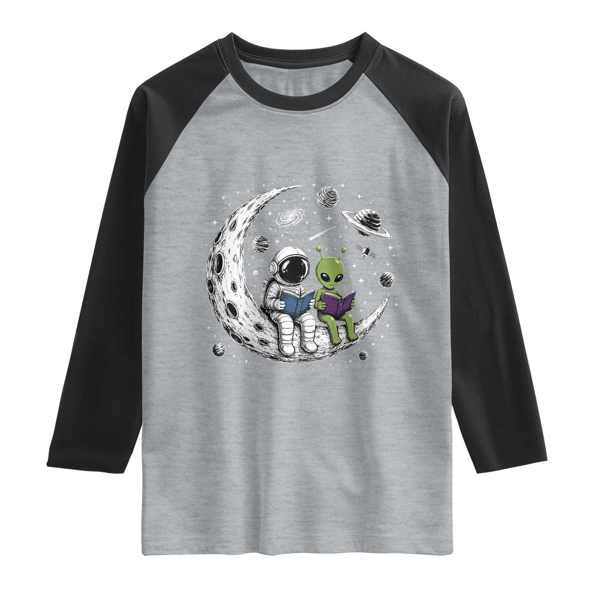 Funny Bookworm In Space Raglan Shirt Cute Astronaut And Alien Reading TS12 Heather Gray Black Print Your Wear