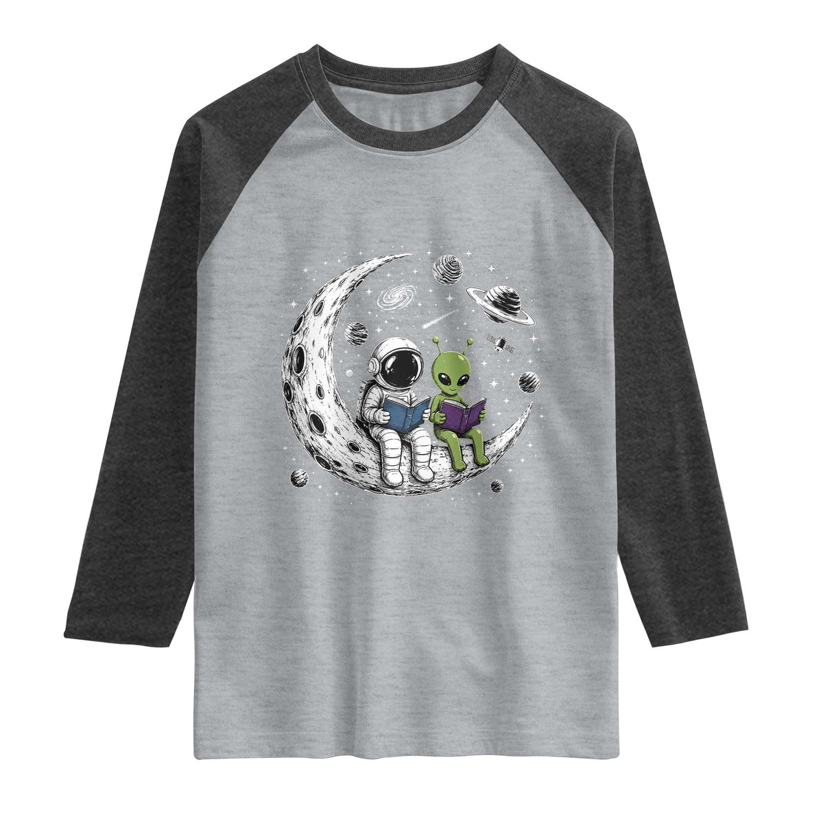 Funny Bookworm In Space Raglan Shirt Cute Astronaut And Alien Reading TS12 Heather Gray Heather Charcoal Print Your Wear