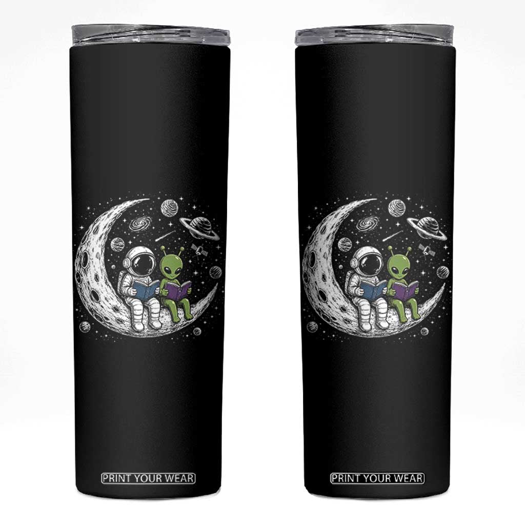 Funny Bookworm In Space Skinny Tumbler Cute Astronaut And Alien Reading TS12 Black Print Your Wear