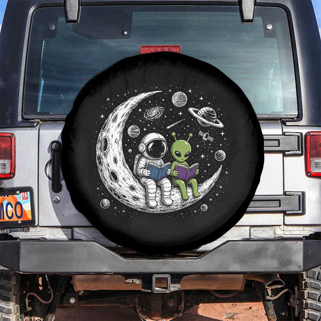 Funny Bookworm In Space Spare Tire Cover Cute Astronaut And Alien Reading TS12 No hole Black Print Your Wear