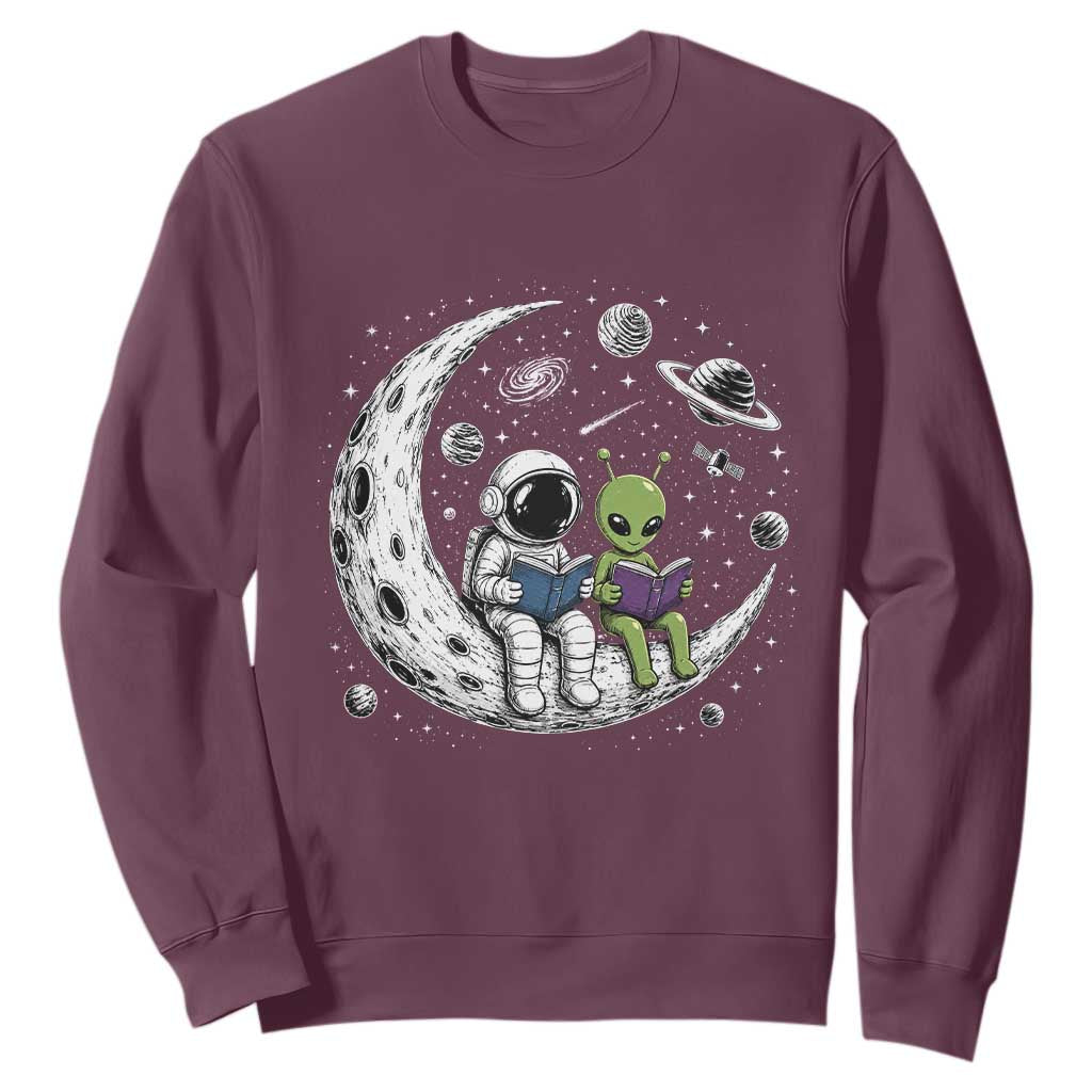 Funny Bookworm In Space Sweatshirt Cute Astronaut And Alien Reading TS12 Maroon Print Your Wear